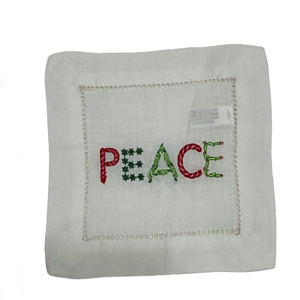 CHRISTMAS White Cotton Holiday Embroidered Cocktail Napkins Set of 4
